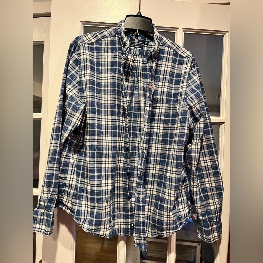 Vineyard Vines Navy and White Plaid Button-Down Shirt